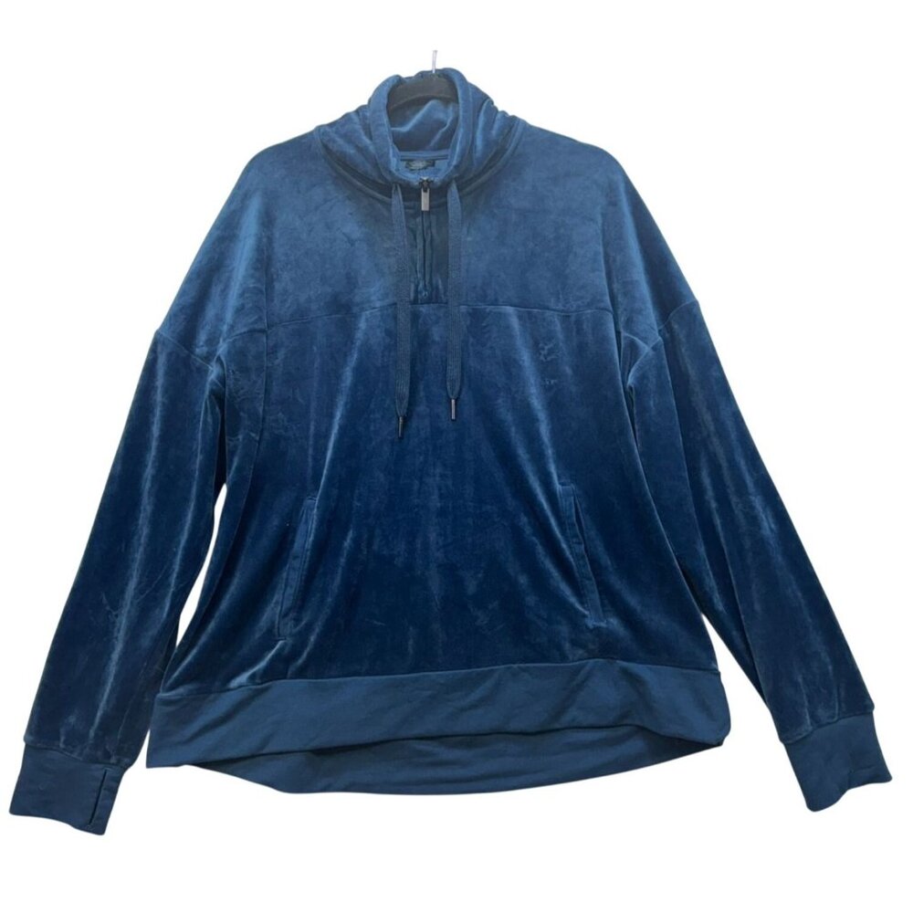 Champion Womens Velour Pullover Sweatshirt Sweater XL Blue Drawstring & Pockets